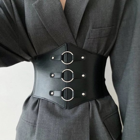Souls & Sirens Accessories - Black Faux Leather Buckle O-Ring Corset Lace Up Waistband Belt Waistbelt Girdle
